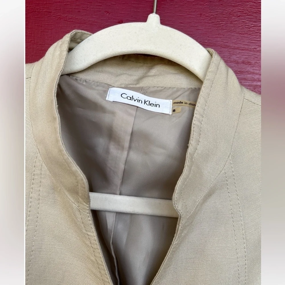 Calvin Klein khaki linen sz 8 safari style button down minimal quiet luxury